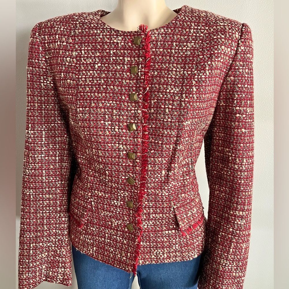Burgundy Tweed Lady Jacket Gold Button Blazer Quiet Luxury Size 12